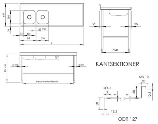Rostfri diskbänk (1400x650x900) mm - Bild 2