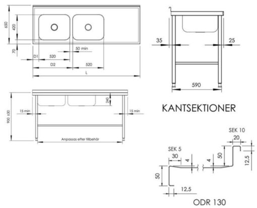 Rostfri diskbänk (1800x650x900) mm - Bild 2